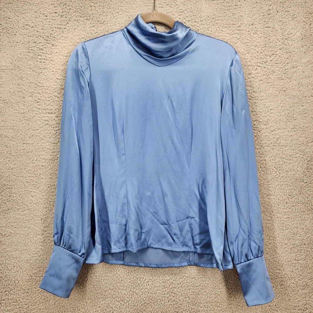 Carlisle Women 4 Blue 100% Silk Cowl Neck Satin Blouse Button Back Long Sleeve